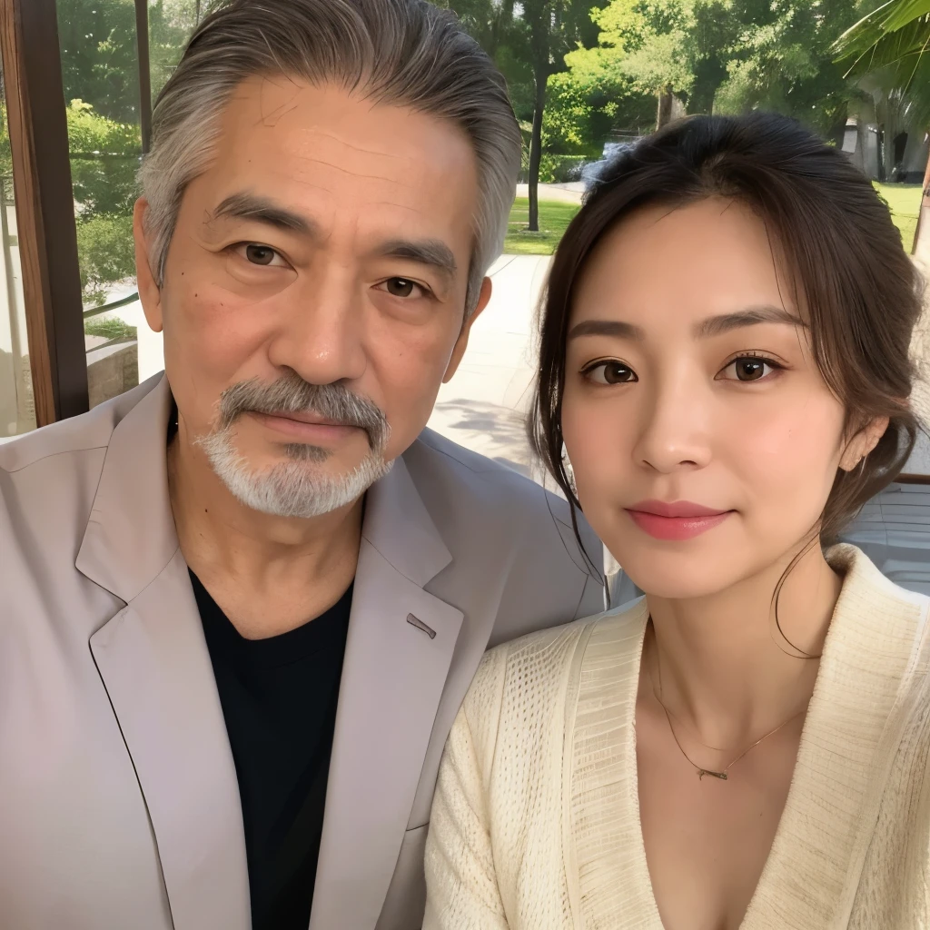 High resolution、High level image quality、high detail、masterpiece、realistic skin,、rough skin、(anatomically correct)、1 person、(((A healthy-looking handsome uncle and his beautiful wife)))、((Japanese 62 year old man and 40 year old woman))、((whole body))、facing forward