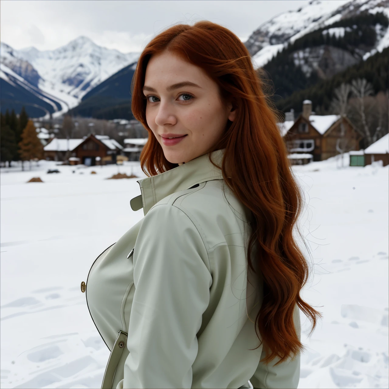 A panoramic shot of a young goddess and seductive influencer, 27 years old, height 160 cm, with a sensual style and beauty, (medium large breast:1.1), (green eyes), (fake smile:1.2) (red hair) (Wavy hair:1.1), perfect ass, thin-waisted, bdsm. Wearing a warm jacket for winter, captured in A landscape of snowy mountains (semi blurred bokeh effect background). Iphone 14 pro max triple front camera, light and shadows, still raw, ((best quality)), ((masterpiece)), photorealistic, (detailed), (lora:GoodHands-beta2:0.8)
