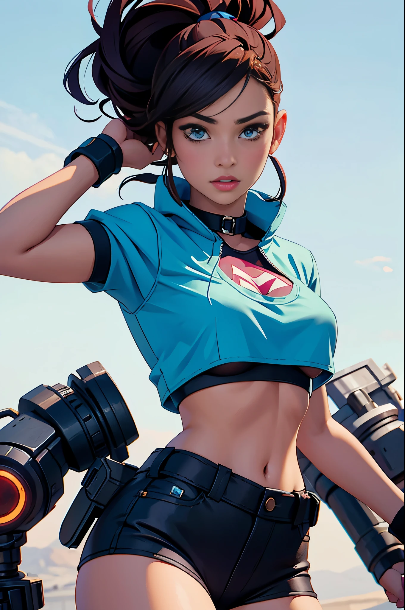 (masterpiece), (best quality), 8k resolution, 1girl, Asian girl, stunning beauty, perfect face, mature female, 20yo, sexy, cropped shirt, underboob, vivid color, cyber punk style