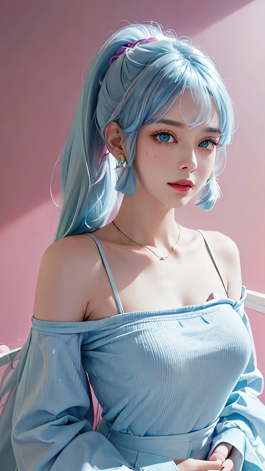 super quality, (8K, Original photo, valid), facing the camera，Positive face，Detailed and elegant images, superb and dynamic painting techniques., blue and white hair，high ponytail,（On both sides of the ears are two strands of white and blue hair.，Wear pink bands on both sides of your ears.），Very beautiful woman, annoying expression, shining blue eyes, big tits, He alone, extended, red pink lips, In a pink off-shoulder T-shirt, Background rainbow wall,Colorful，Colorful rainbow colors, professional torch lighting，Laughed widely