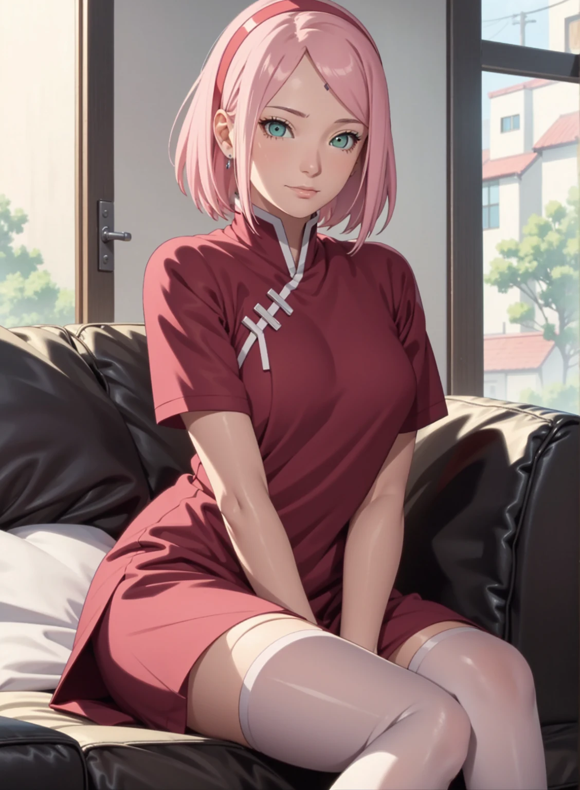 film movie still、1girl in、It's standing、24 years、pale-skinned、innocent smiles、white stockings、((A detailed face))、(Detailed skin)、Moist with intricate details、Shallow depth of field、[volume fog、shot at 8k resolution、Sakura Haruno, A pink-haired,short detailed hair, Red headband, red dress, Green eyes，Close-up, whole body, sitting on the sofa
