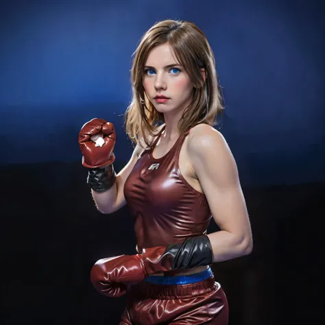 boxing style woman, belligerent attitude, beautiful woman, white skin, brown hair and blue eyes, slightly angry expression, prec...