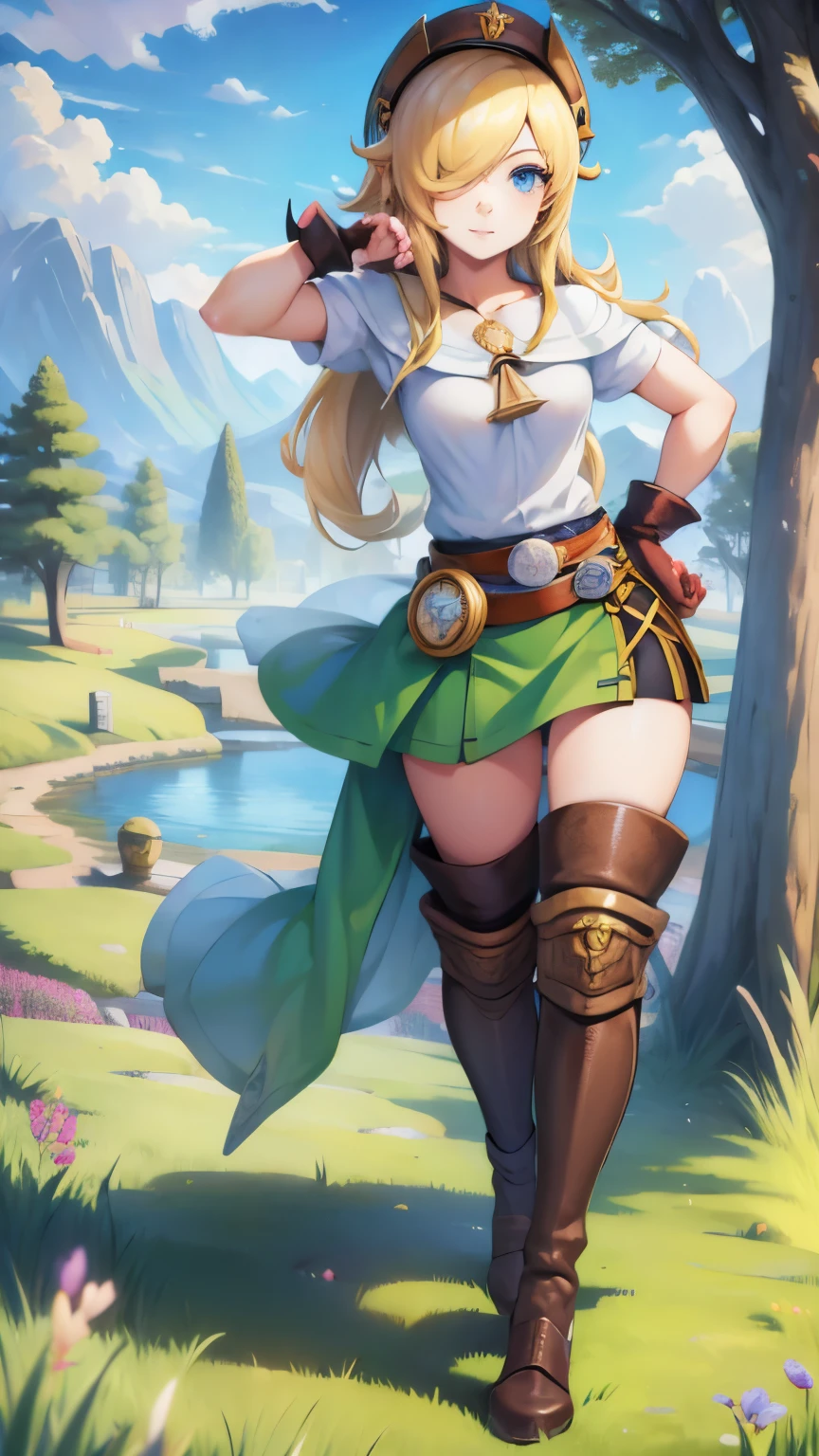 (masterpiece), sexy, sensual, best quality, expressive eyes, perfect face, highres, (female body:1.3),1 girl, solo, ootLink girl, hat, long hair, blonde hair, (green tunic), belt, fingerless gloves, boots, field, grass, trees, landscape, depth of field, smiling, standing, upper body portrait, looking at the viewer, from frontal,  Skimpy