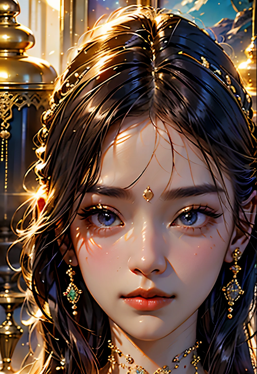 ​masterpiece、top-quality、top-quality、1girl in a beautiful shining dress, (Close-up photo of glittering jewels in artistic golden vessels)、ighly detailed、colourfull、highestdetailed