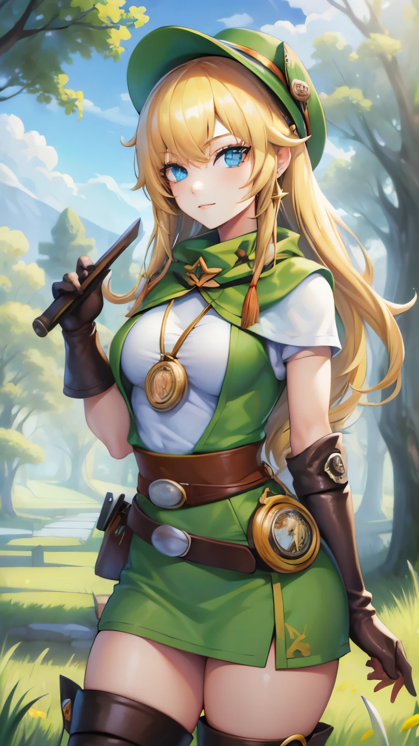 (masterpiece), sexy, sensual, best quality, expressive eyes, perfect face, highres, (female body:1.3),1 girl, solo, ootLink girl, hat, long hair, blonde hair, (green tunic), belt, fingerless gloves, boots, field, grass, trees, landscape, depth of field, smiling, standing, upper body portrait, looking at the viewer, from frontal,  Skimpy