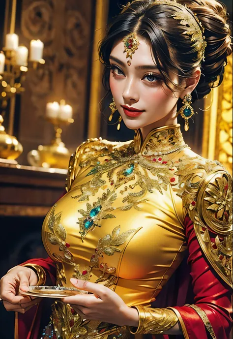 ​masterpiece、top-quality、top-quality、1girl in a beautiful shining dress, (Close-up photo of glittering jewels in artistic golden...