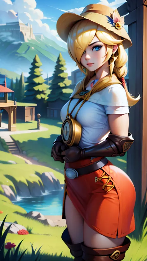 (masterpiece), sexy, sensual, best quality, expressive eyes, perfect face, highres, (female body:1.3),1 girl, solo, ootLink girl, hat, long hair, blonde hair, (green tunic), belt, fingerless gloves, boots, field, grass, trees, landscape, depth of field, sm...