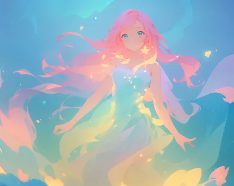 beautiful girl in sparkling puffy dress, vibrant pastel colors, (colorful), magical lights, long flowing colorful pink hair, oth...