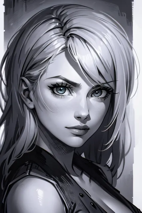 A girl in a mugshot, sketch, black and white, detailed features, vintage style, high contrast lighting, expressive eyes, tousled hair. (best quality, highres, realistic:1.37), vintage, monochrome, intense gaze, dramatic lighting, rugged background, distres...