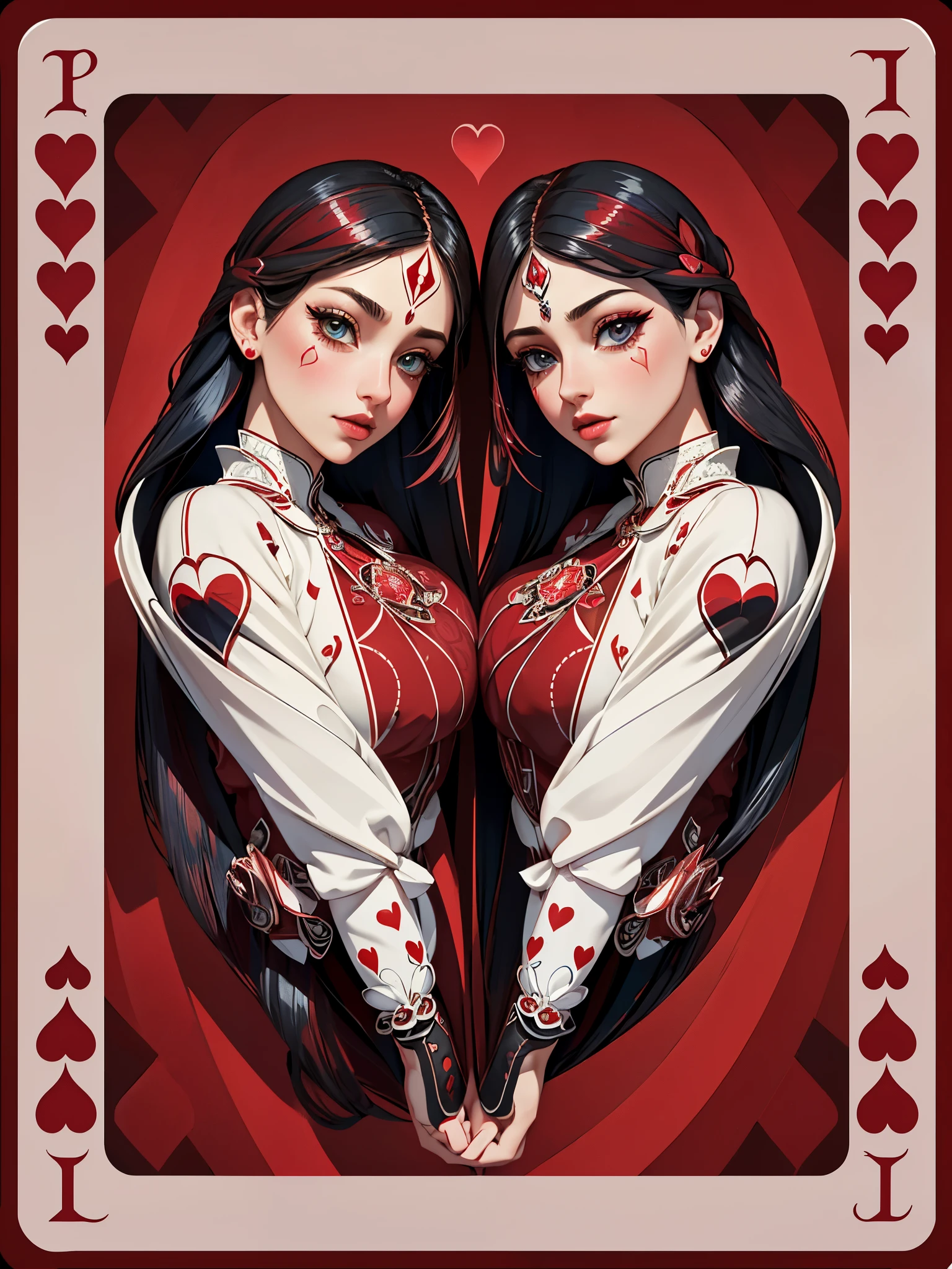 (symmetrical design card,portrait,beautiful detailed eyes,beautiful detailed lips,extremely detailed eyes and face,longeyelashes,illustration,highres,ultra-detailed,realistic:1.37,studio lighting,vivid colors,deep red,hearts motifs,symmetric patterns,regal atmosphere)