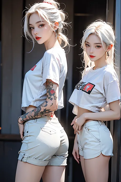 lifelike, high resolution, 1 female, adult, alone, Buttocks up, jewelry, tattoo, streetwear, t-shirt, white hair, shorts, cosmetic, red lips