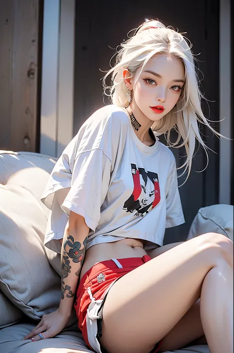 lifelike, high resolution, 1 female, adult, alone, Buttocks up, jewelry, tattoo, streetwear, t-shirt, white hair, shorts, cosmetic, red lips