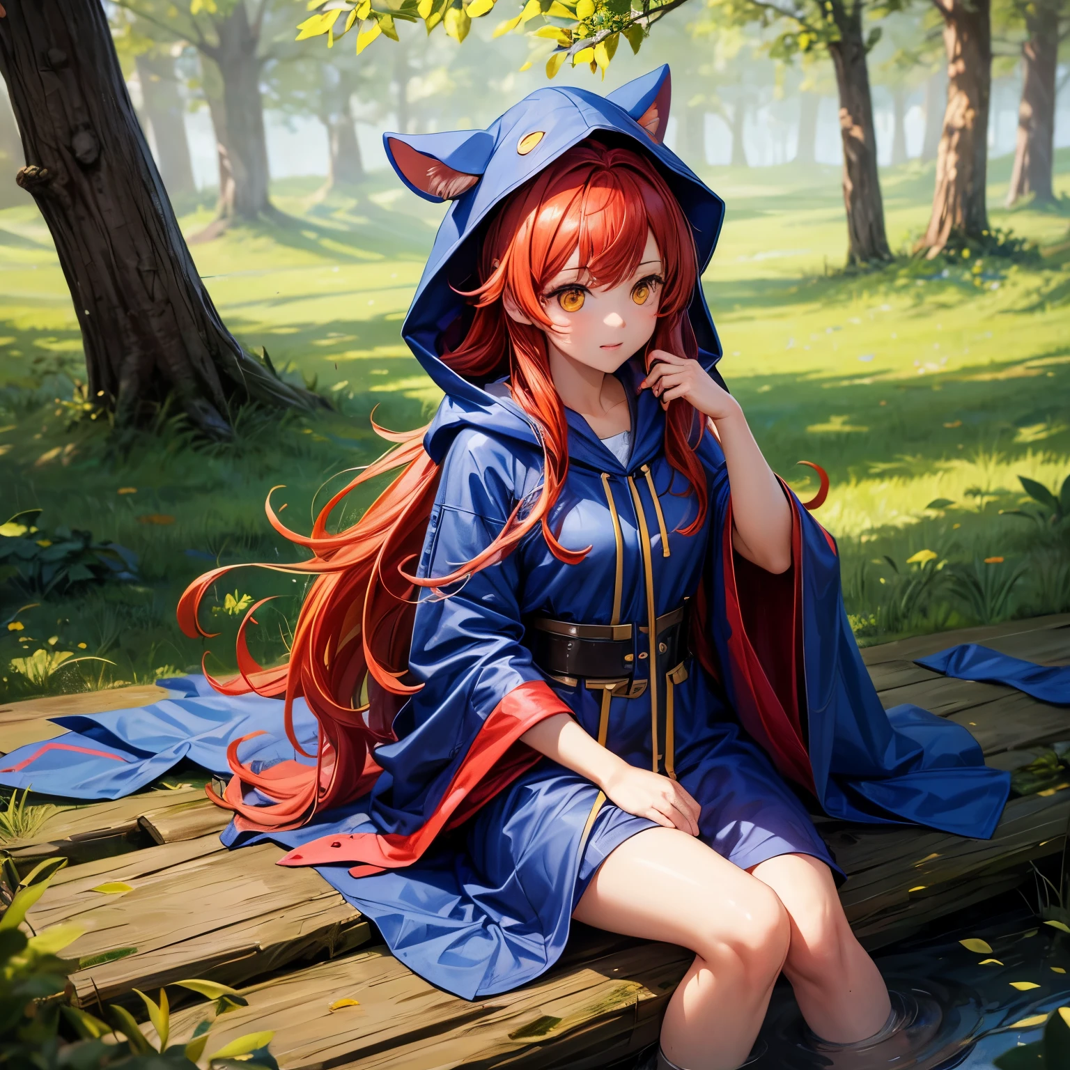 8k, best quality, (lifelike:1.4), original photo, 1 girl, Red hair, animal ears, blue hooded cloak, ears sticking out, posture: sitting on rocks in forest river, yellow eyes,  -