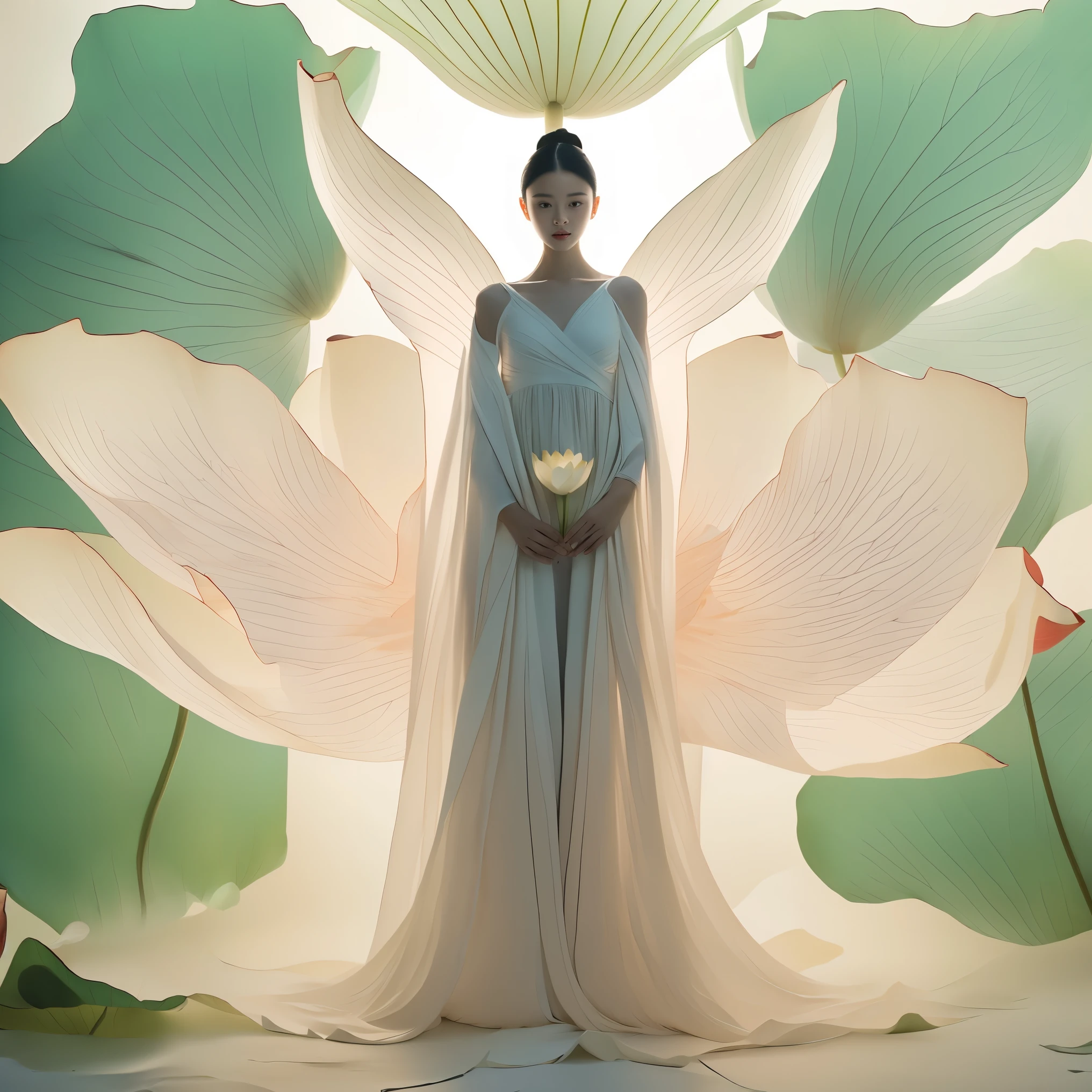 Axisymmetric:2，front view，Symmetrical composition，light pink and light white shades,Full body female love,  White background, natural lighting, Light effect, minimalist, elegant, pure tenderness, soft light lighting, realistically. a woman is (clavicle, bshoulder,) placed in a (pray and stand) super giant lotus，The petals are big and long (The petals are thin, soft gauze, Full background of flowing petals, floating petals, super flying petals, Mixed effect of smoke and petals), lotus dress,((perspective)).lotus_leaf_fairy，anatomically correct，((Best quality)), ((Masterpiece)), ((Realistic))