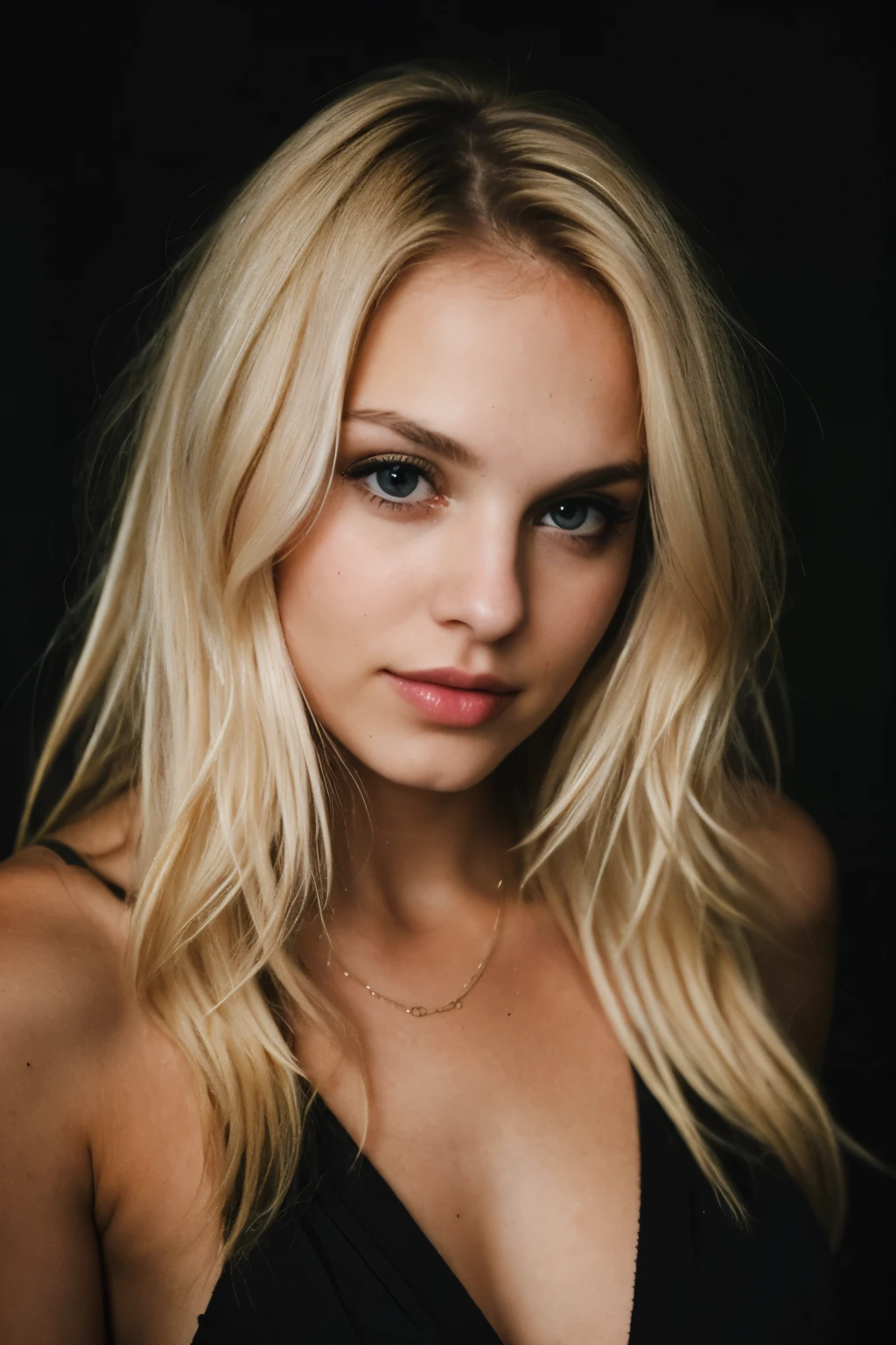 A woman with blonde hair and a black top posing for a picture - SeaArt AI