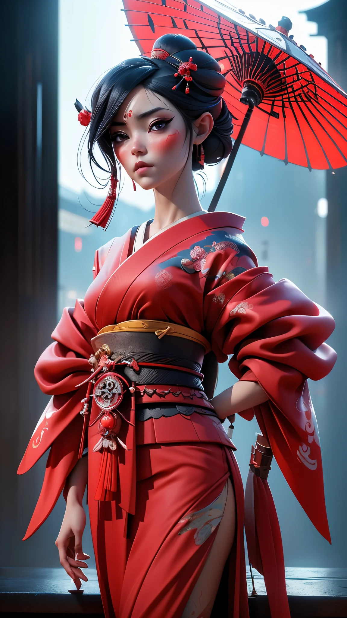 Mulher Arafed com quimono e guarda-chuva vermelho., (ross tran 8k? , obra de arte al estilo de Guweiz,( gueixa ciberpunk:1.4) , (bela arte digital V2.1 ) , cinematográfico. por longo junho, CGsociety e Fenghua Zhong, obra maestra de Guweiz, obra-prima da sociedade cg, (red and cinematográfico lighting) , Guweiz, sociedade cg 8K, (convexo dedos detailed :1.4) 