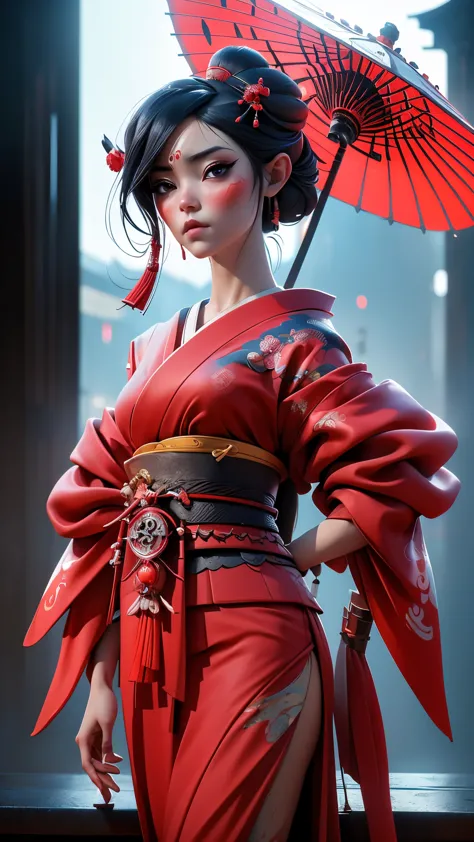 Mujer arafed con un kimono y un paraguas rojo., (ross tran 8 k? , obra de arte al estilo de guweiz,( geisha ciberpunk:1.4) , (he...