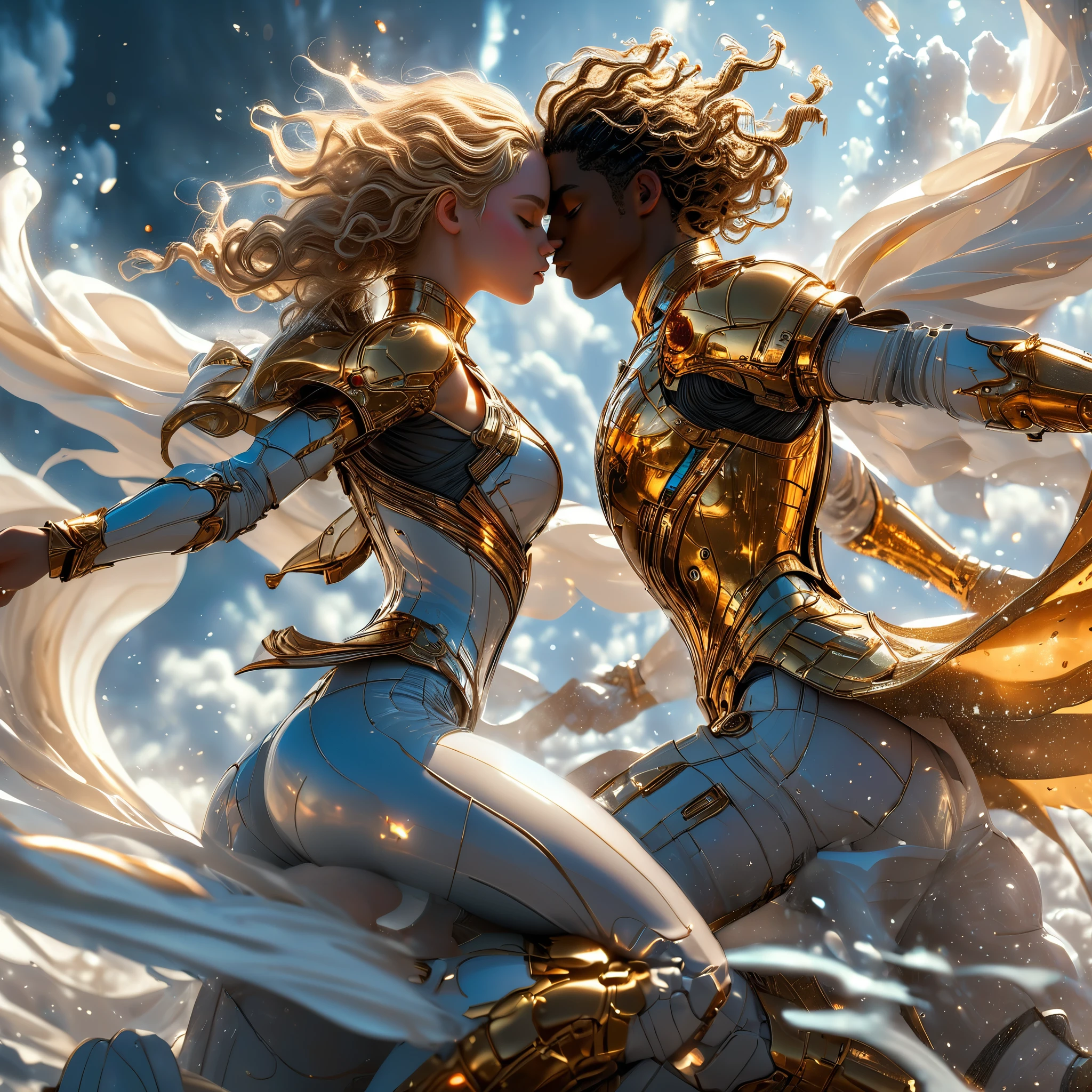 Passionate duo in a celestial landscape, young dark-skinned duo in their 20s, in hell, they are fighting each other, he is a prince of the fallen angels with long curly caramel hair, she is a mixed-race princess, she has freckles, she is blonde with grey eyes, Full body, 8K, extremely detailed, high quality, (photorealistic:1.37), Full body, ideal proportions and defined complexion, meticulously crafted features, unreachable beauty, perfection, breathtaking elegance, g curves, goddess-like figures, divine symmetry, artistic masterpieces, vivid realism, hyper-detailed sculptures, life-like forms, truly awe-inspiring, impeccable craftsmanship, pure radiance, ethereal beauty, delicate contours, striking poses, sublime beauty, subtle nuances, dynamic compositions, vibrant colors, perfect lighting, soulful expressions, celestial aura, majestic presence, dreamlike atmosphere, unmatched gdetailed octane render trending on artstation, 8 k artistic photography, photorealistic concept art, soft natural volumetric cinematic perfect light, chiaroscuro, award - winning photograph, masterpiece, perfect composition, beautiful detailed intricate insanely