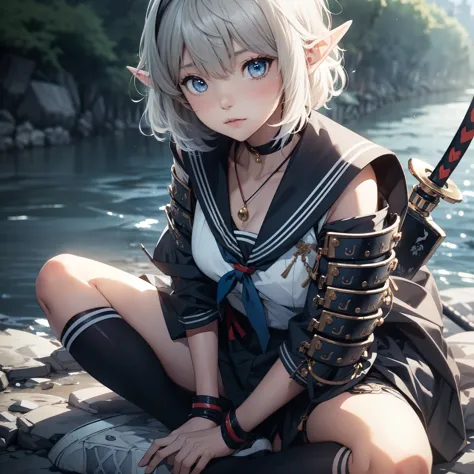 portrait of high school elf girl, asymmetrical bangs, short hair, white hair, blue eyes, sailor dress with (samurai armor:1.4), ...