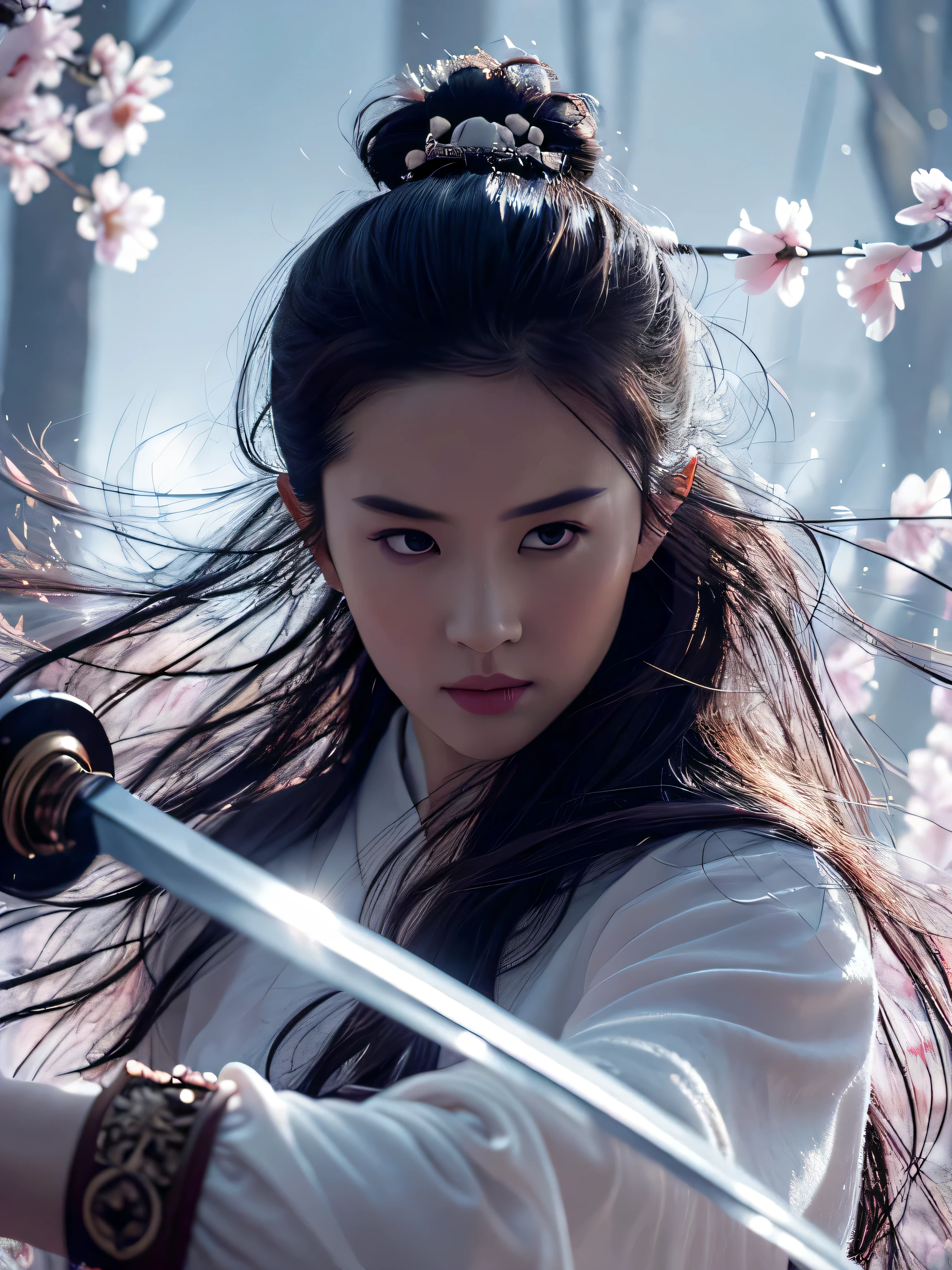 sword樱,Dominant_Body,1 girl,arms,sword,black hair,flower瓣,樱flower,long hair,Chinese clothes,vague,OK,hair accessories,Keep arms,looking at the audience,Keep sword,Keep,long sleeves,facial markings,single OK,flower, Outdoor sports,最OK质量,masterpiece,illustration,extremely delicate and beautiful,CG,Unite,8k wallpaper,Astonishing,fine details,masterpiece,official art,Very detailed CG Unite 8k wallpaper,Extremely ridiculous,Larger file size,super detailed,high resolution,Very detailed,Beautiful and delicate girl,actual,