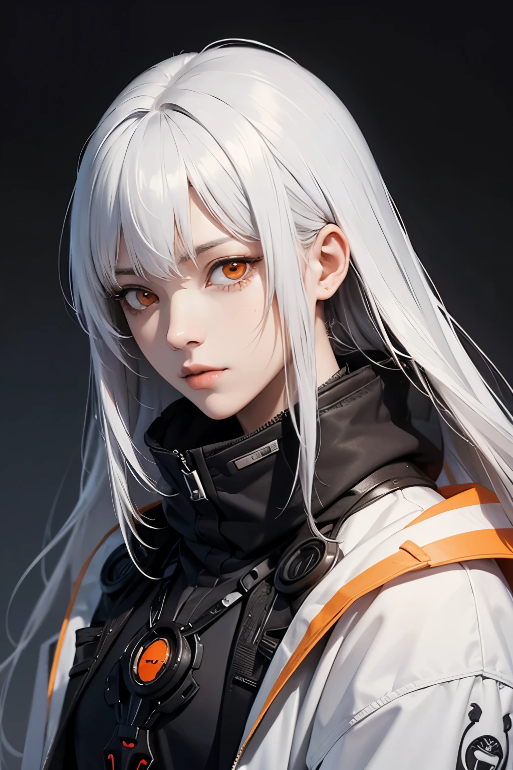 style of Tsutomu Nihei,(incredibly absurdres, (high resolution:1.18), intricate detail, (masterpiece:1.1), (highest quality:1.1), absurdres),(1girl, portrait, white hair, orange eyes, long hair, detailed eyes),