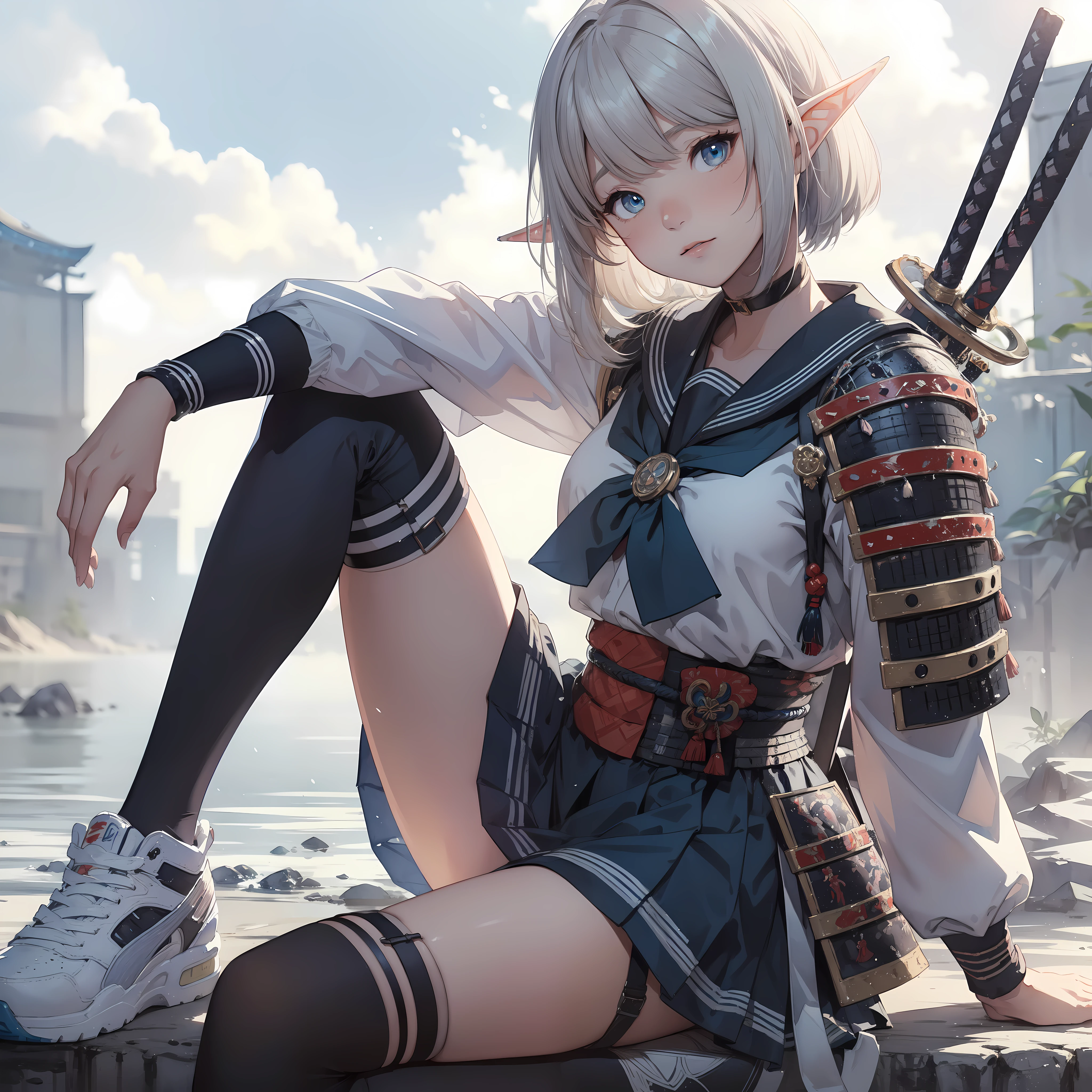 portrait of high school elf girl, asymmetrical bangs, short hair, white hair, blue eyes, sailor dress with (samurai armor:1.4), (garter belt:1.3), (Sneakeranga style by Yoji Shinkawa, Artgerm, Mikimoto Haruhiko. seated on the riverbank, in the style of Katsushika Hokusai. full body, dynamic pose, cell shading, 8k, cinematic dramatic atmosphere, watercolor painting, fluid and sharp focus, Fantasy, Cinematic Lighting.