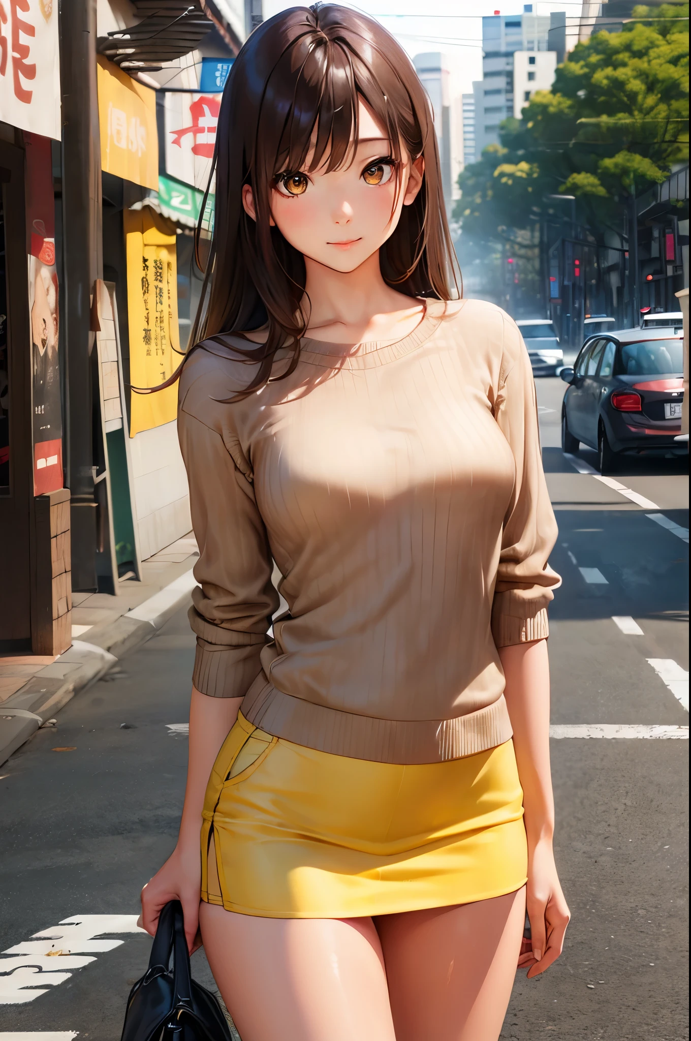 (Perfect Anatomy,top-quality、The ultra -The high-definition、hight resolution、extremely details CG、8K Unit Wallpapers),cowboy shot,portrait,1woman,solo,20 year old beauty,Japanese(Beautiful detailed eyes,brown eyes),shy,brown hair,long hair,bangs,medium breasts,slender body,skinny,(white striped sweater,yellow tight mini skirt),bustling street、street,Tokyo、natural sunlight、