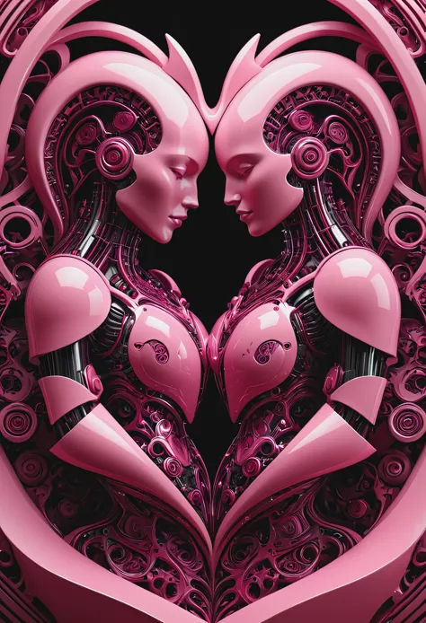 raw photo, two:2 borgs in love with a cybernetic heart:2 made of muted pink and crimson ceramic,fractal internals design, fractal symmetry, detailed, perfect symmetry, centered composition, Medium Long Shot, octane Render, diffuse studio light from all sid...