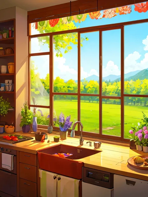 kitchen with vegetables, flower park and trees view from window, sparkling, vibrant colors ,highly detailed, highly sharpened, m...