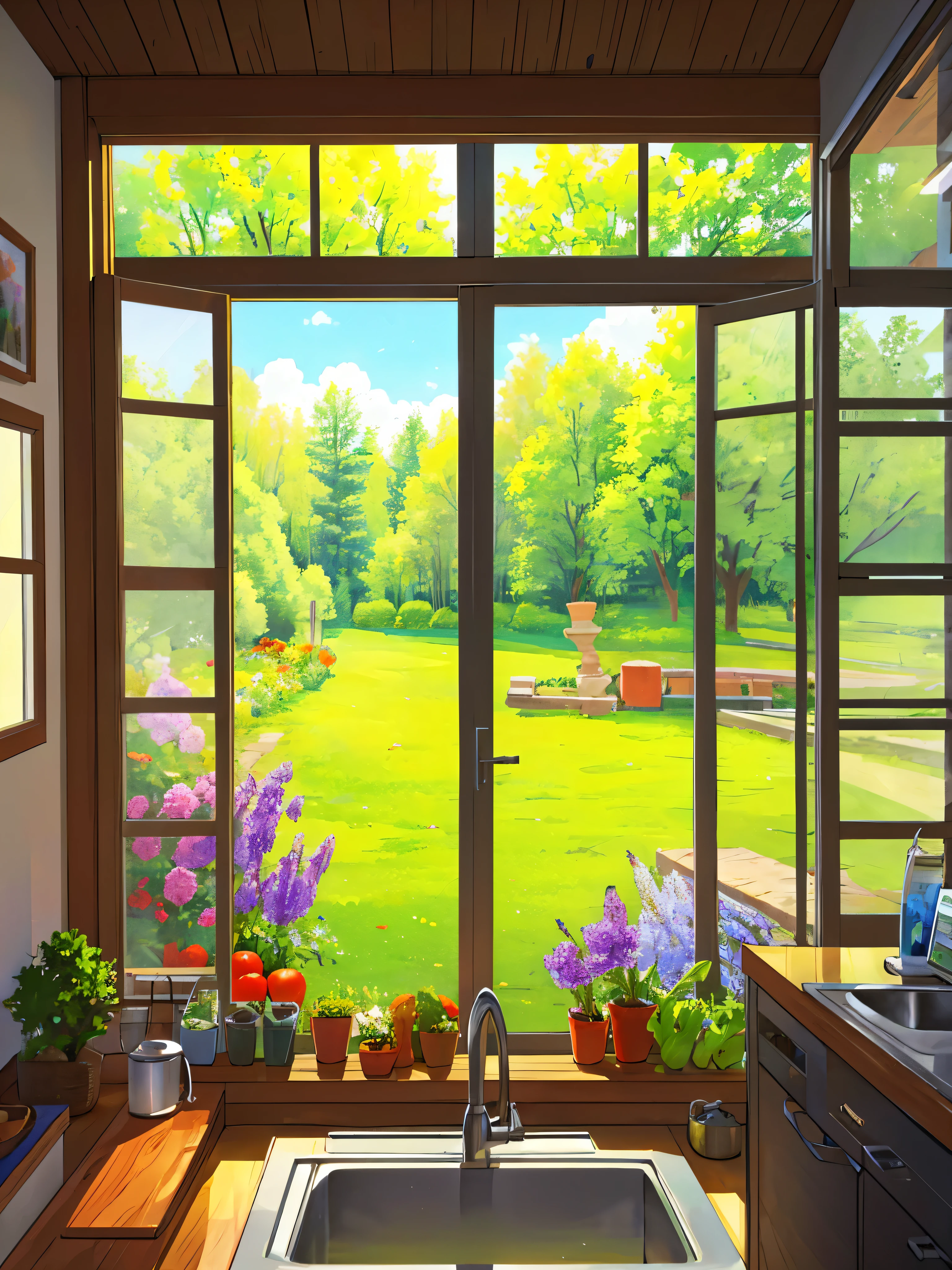 Kitchen with vegetables, flower park and trees view from window, sparkling, vibrant colors ,highly detailed, highly sharpened, masterpiece quality