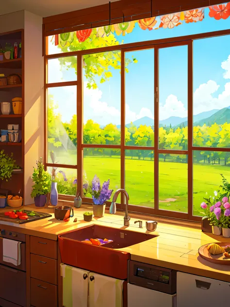 kitchen with vegetables, flower park and trees view from window, sparkling, vibrant colors ,highly detailed, highly sharpened, m...