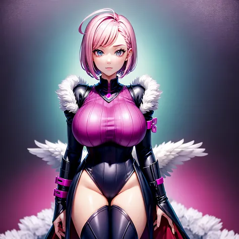 Android girl, Only 1 girl in the photo, Pink hair, Short hair, ahoge, Gamer clothing, huge breasts, Gamer room background