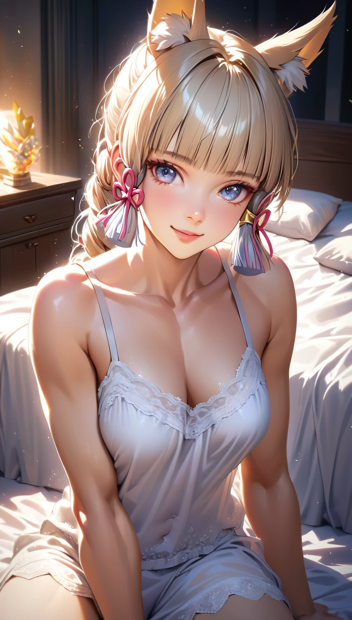 Ayaka,((golden hair)), fox ears,beautiful face,smiling,close up abs, moderate breast,sitting on a bed,wearing white sleepwear, (open mouth:0.4),illustration,detailed textures,ultra-detailed(realistic),portrait style,vivid colors,soft lighting.