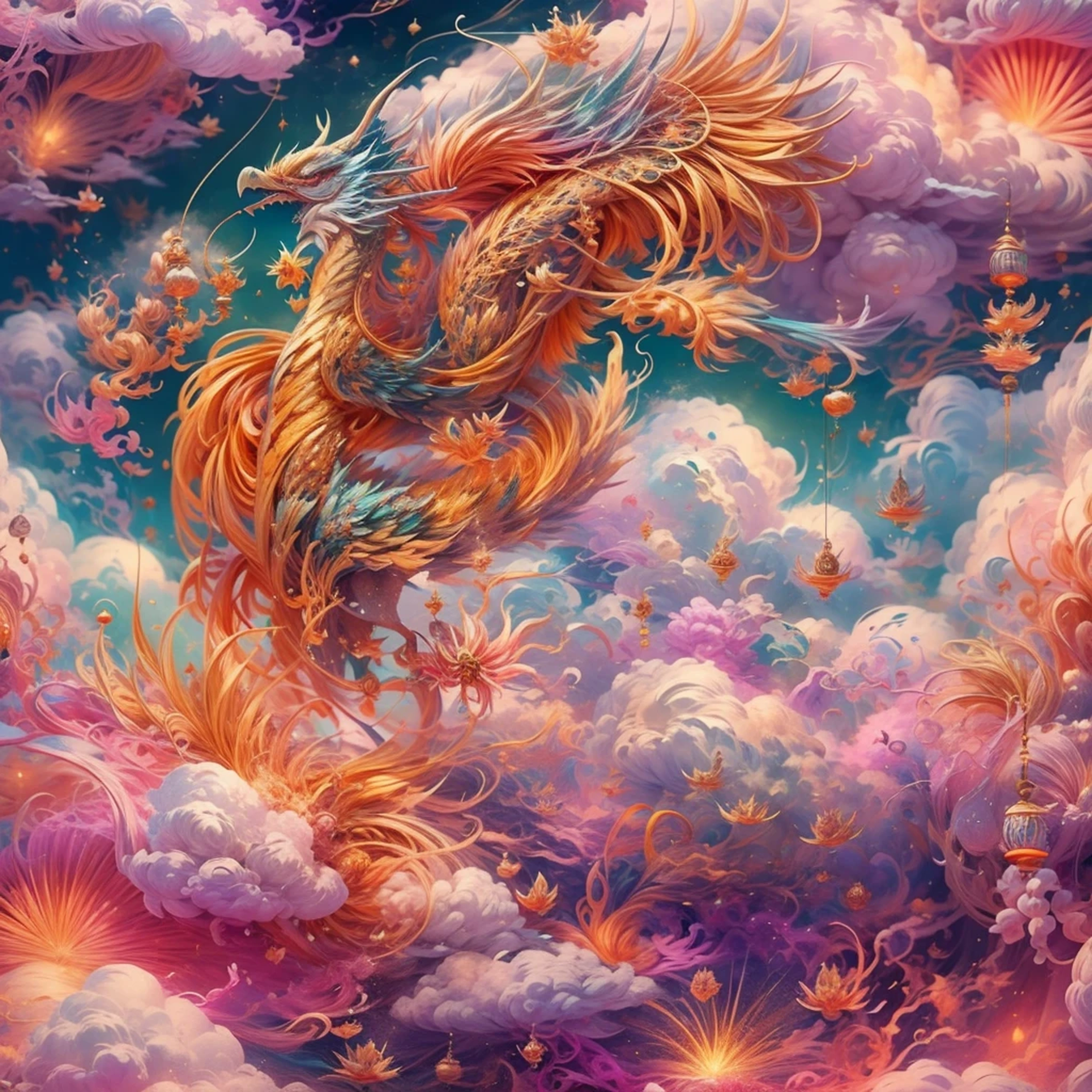 Wolken umgeben niedlichen Phönix , Feuerwerk-Hintergrund，Chinesische Neujahrsdekoration（（（Meisterwerk）））， （（beste Qualität））， ， （（Surrealismus））（8k）