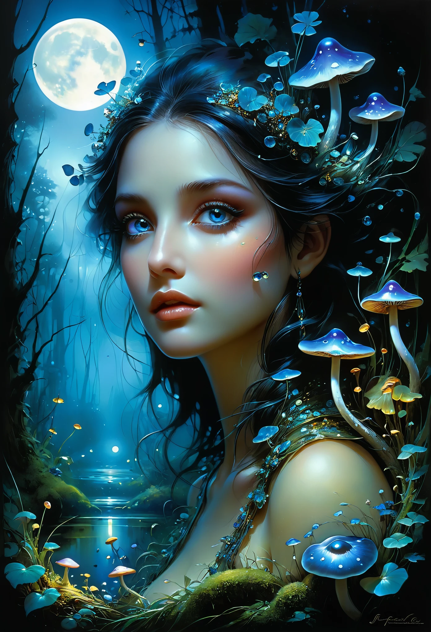 (masterpiece), (best quality), extremely delicate and beautiful, jim pavelec, detailed expressive eyes, fantasy style, the mystical inert logwonk, shown here with its iridescent scales briscmeggling in the moonlight, it often shmuggles among bioluminescent mushrooms and fireflies in the ramshmorgeling forest glades on planet laugternova vi, dark fantasy, colorful, masterpiece, best quality, professional artwork