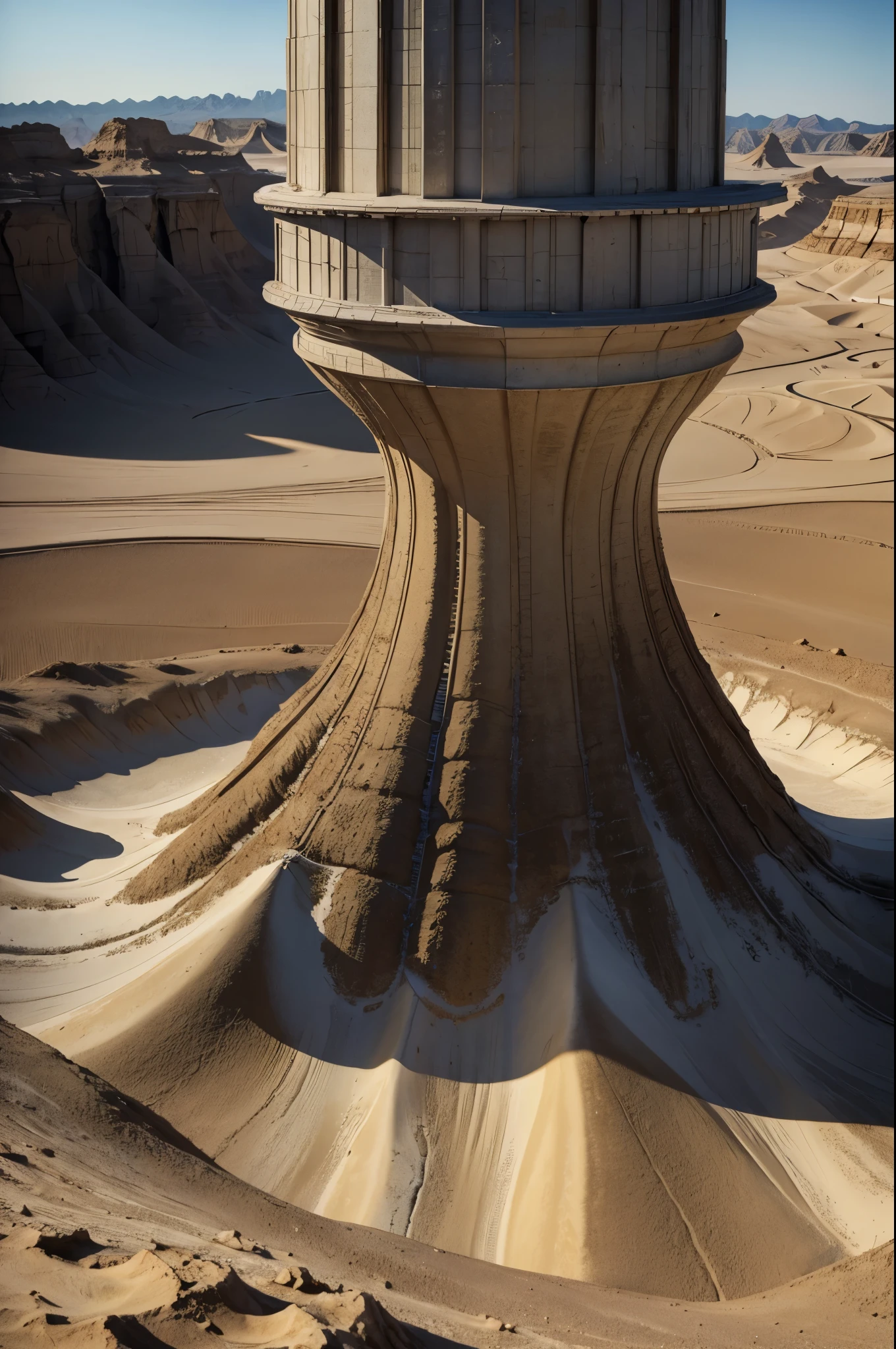 masterpiece, best quality, extremely detailed, hyperrealistic, photorealistic, desert, a gigantic funnel-like indentation in the ground surface, strong wind
