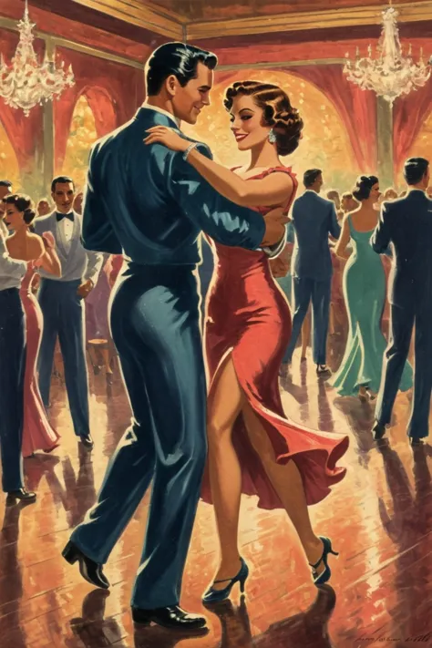 vintage picture of a handsome couple dancing salsa in a spacious ballroom, the man is positioned to the left of the picture, a s...