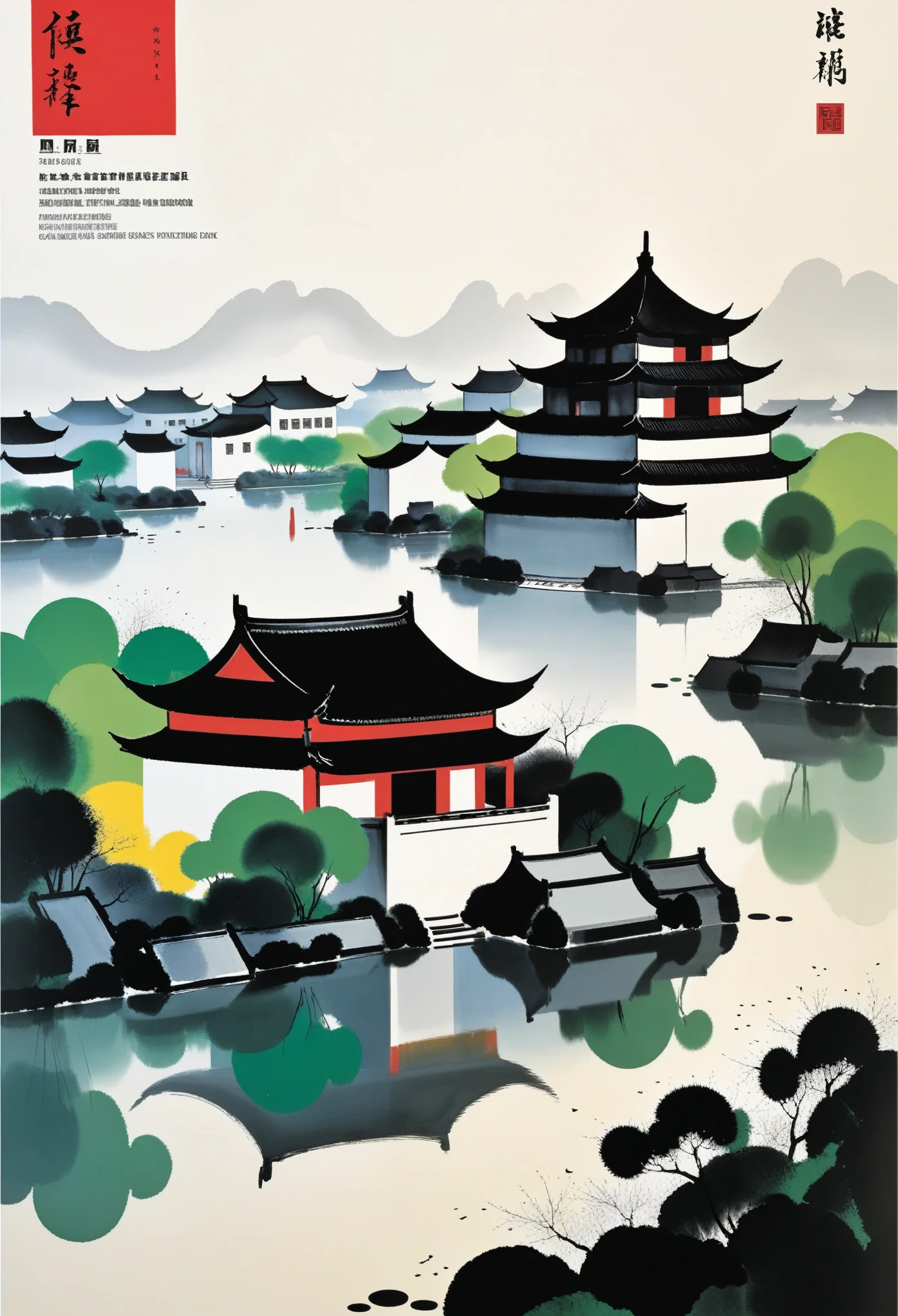magazine cover，printing：Geometric abstract ink，Describe the Jiangnan landscape architectural complex，Wu Guanzhong's style is an artistic expression that merges traditional Chinese ink techniques with Western painting concepts. It is characterized by modern interpretations of traditional themes, creating unique visual effects through color and line.