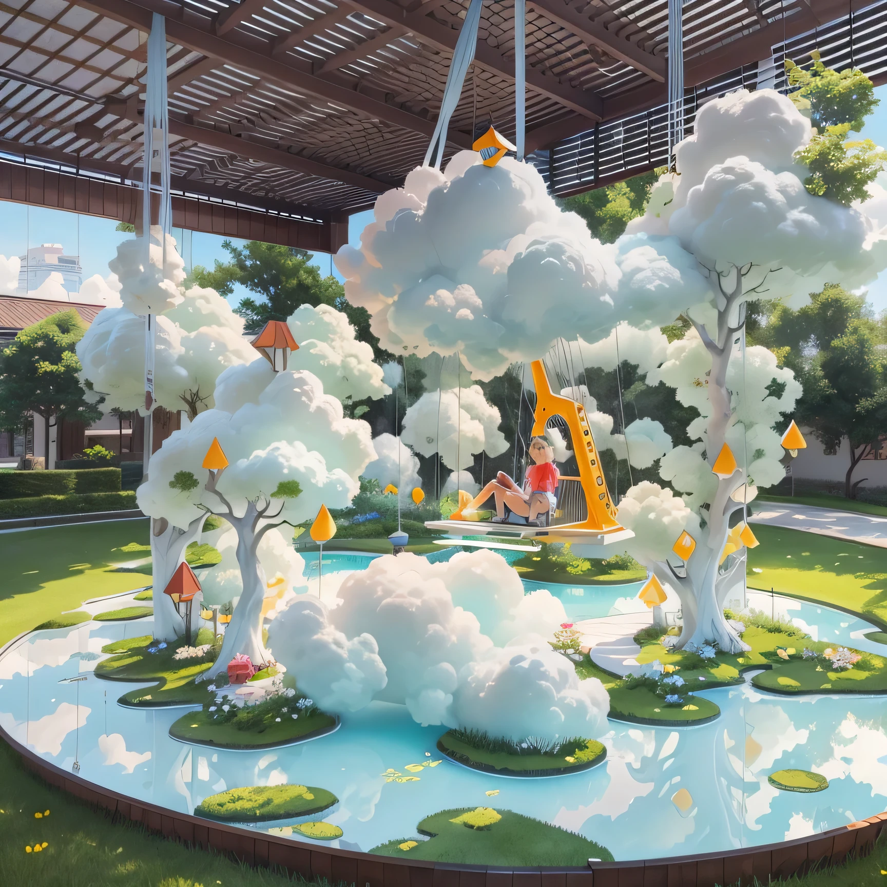 3.5米云朵亚克力秋千装置，放在草地上，3D 建模，孩子们玩耍，全视图，实际的，用卡通玻璃纤维雕塑装饰，适合商业展览展示的渲染