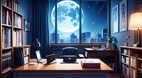 room with a desk, books, video game on the wall, posters, window showing the moon and stars, calm, peaceful, cinematic, color gr...