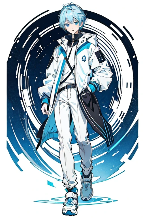 Close-up of a blue-haired person wearing a white jacket, 4D anime style, Tall anime face with blue eyes, !! full body portrait!!, anime boy, Moe art style anime, single full body character, full body!!, anime full body illustration, anime style characters, full_body!!, full body model vtuber anime, Buy Loving Blue Color Solando