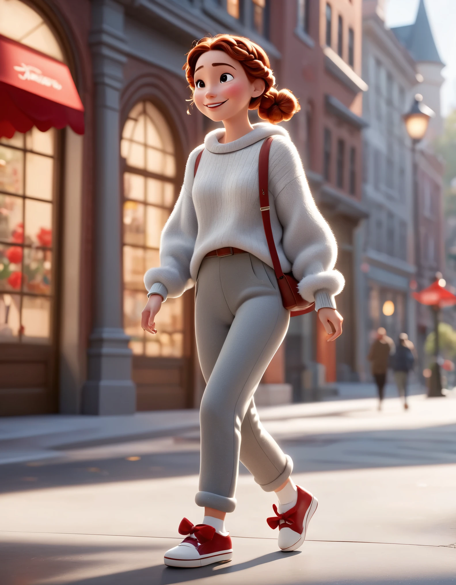 3D character from Disney animation, Pixar style,whole body，Walking happily with exaggerated strides，Gray soft sweater and furry slacks，red bow，with braids，white shoes，clean background.cinnamic lighting, ray tracing, high details, 3d render ，Background vignette