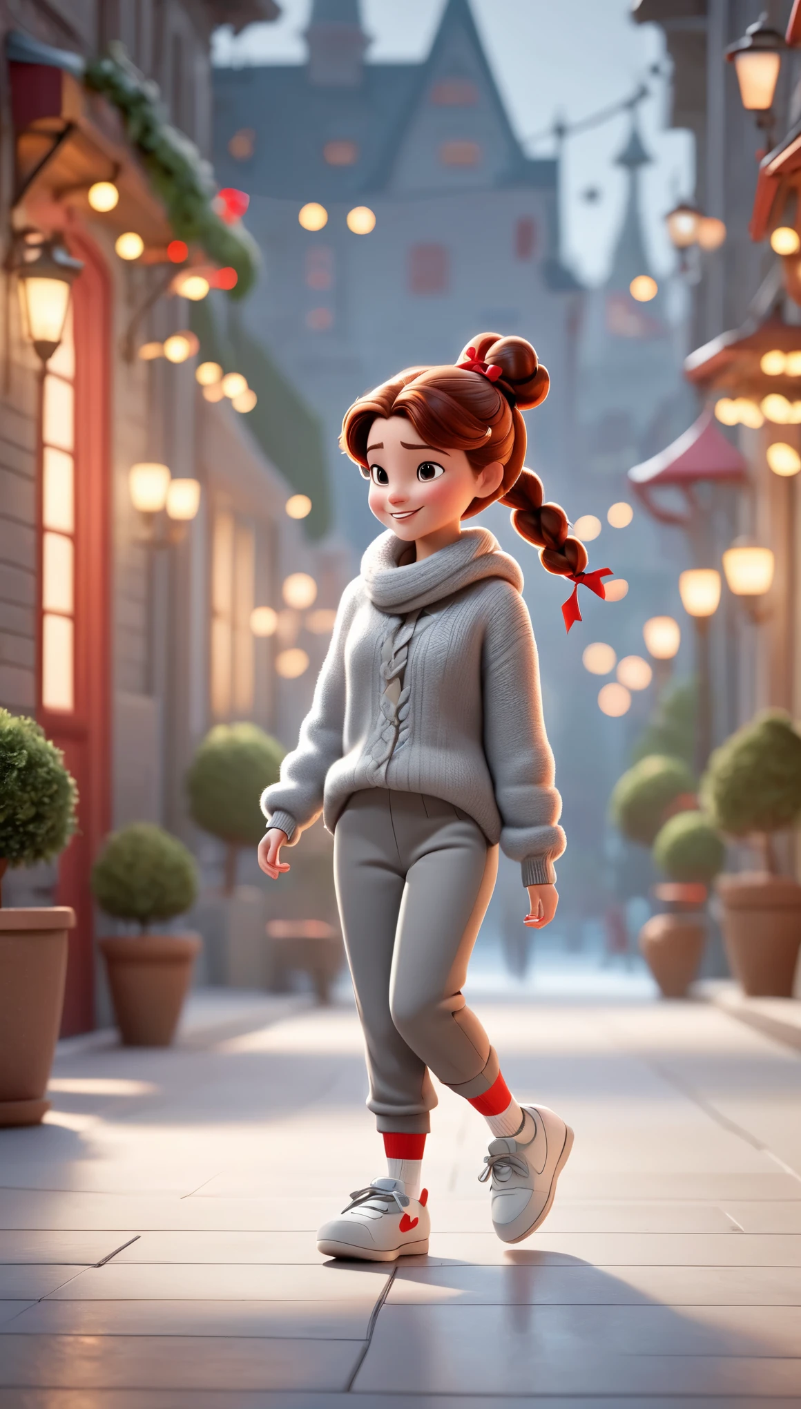迪士尼动画中的 3D 角色, 皮克斯风格,全身，开心地行走，红色领结，灰色柔软毛衣和毛茸茸的休闲裤，有辫子，白色的鞋，干净的背景.肉桂照明, 光线追踪, 高细节, 3d 渲染 