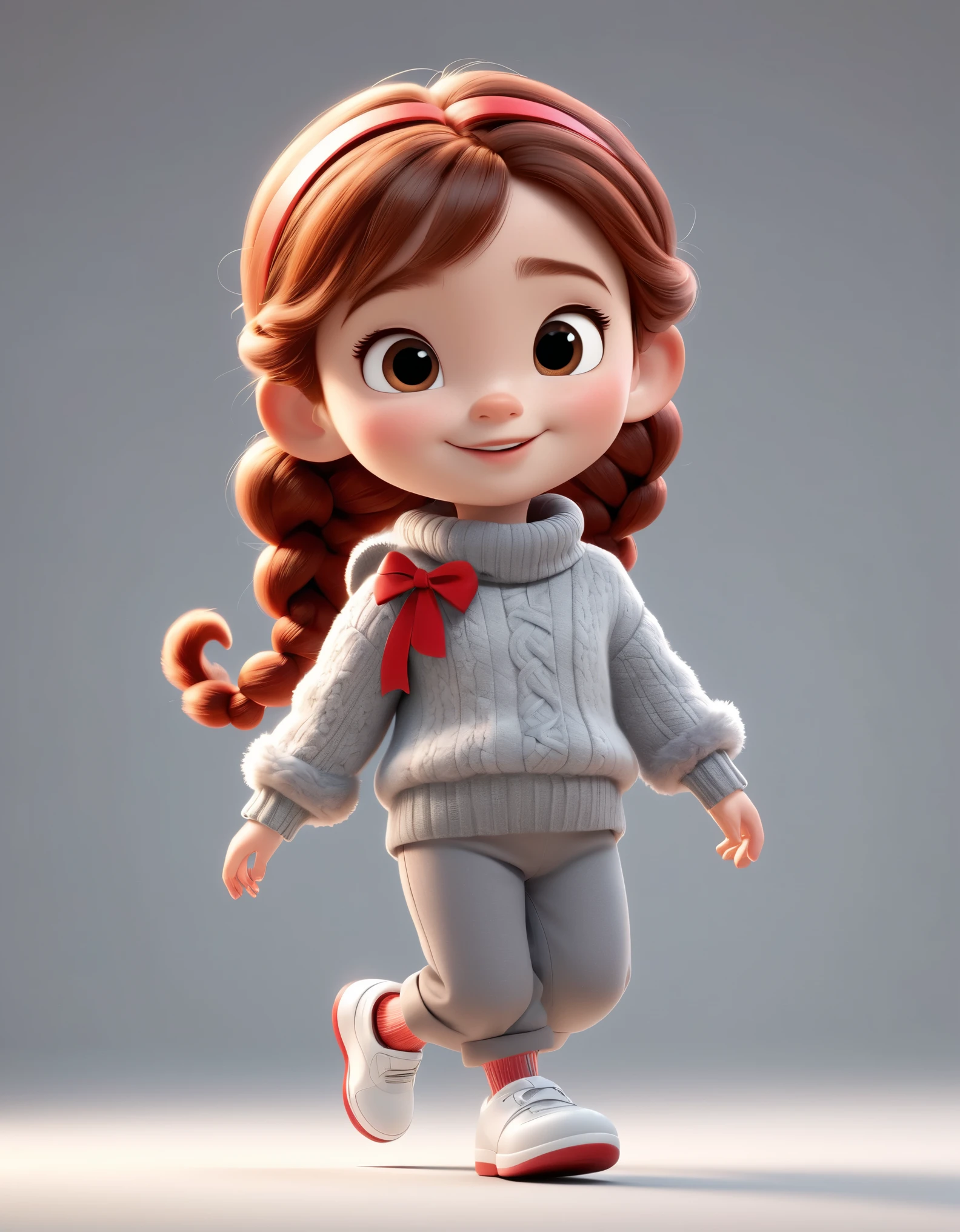 Personagem 3D da animação da Disney, estilo pixar,todo o corpo，caminhando feliz，laço vermelho，Suéter macio cinza e calças peludas，com tranças，sapatos brancos，fundo limpo.iluminação cinâmica, rastreamento de raios, detalhes altos, Renderização 3D 