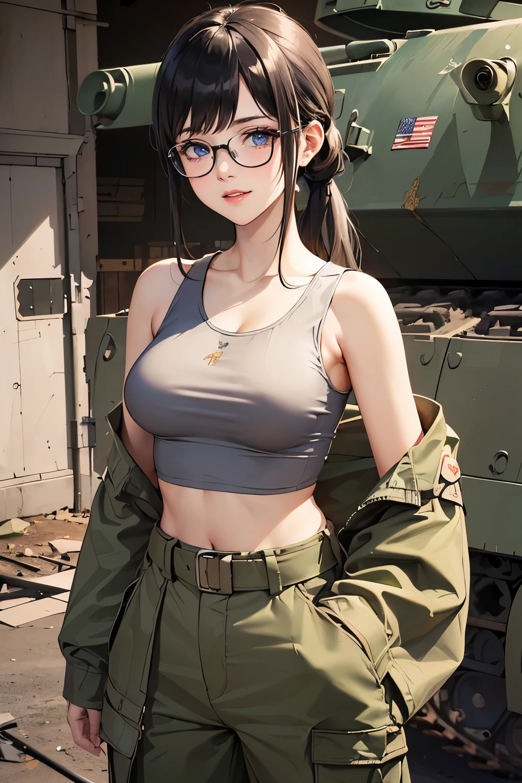 ((wide angle image)), beautiful female veteran, black hair in a ponytail, bangs, wearing large glasses, covering a wound, injured, smiling confidently, (((wearing a white military tank top, layered with a ww2 Oversized military shirt , wearing ww2 military pants Oversized, Off shoulders, Distressed, worn-out))), on the ww2 battlefield