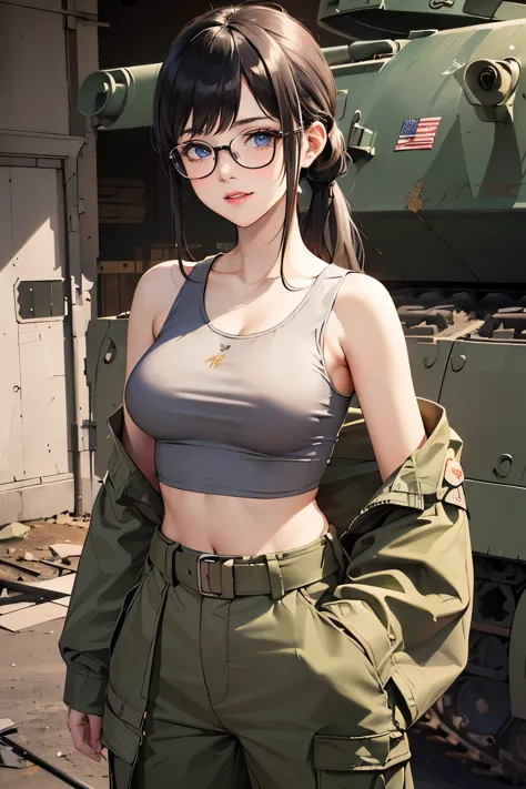 ((wide angle image)), beautiful female veteran, black hair in a ponytail, bangs, wearing large glasses, covering a wound, injure...