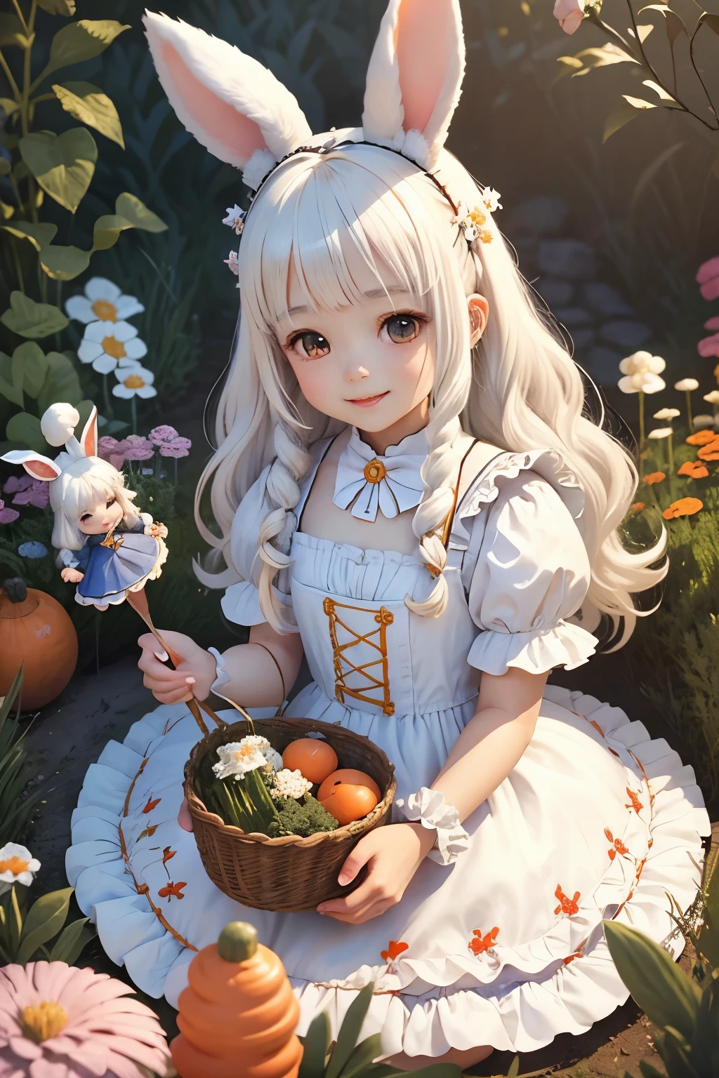 paint style、masterpiece、high quality、high resolution、High resolution、genuine、3D、two girls、sisters、white hair、(white rabbit&animal ears)、fluffy ears、small ears、rabbit girl、fluffy fur、Carrot、maid、shining smile、