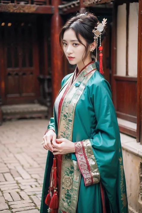 realistic photography, 8k ,beautiful woman with long hair,green ancient chinese dress