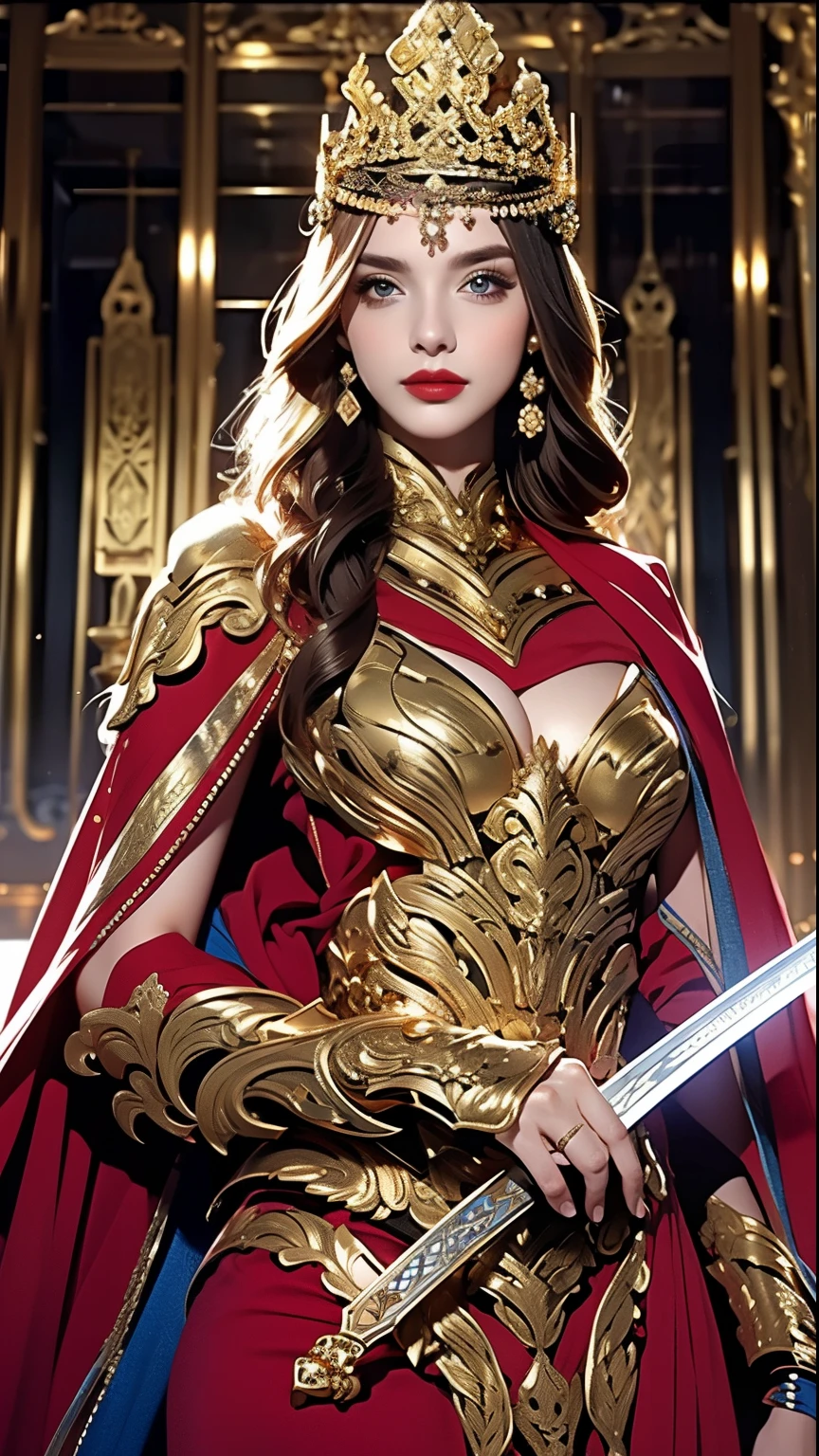 ((Best quality)), ((masterpiece)), (highly detailed:1.3),a woman wearing black armor, long hair. Holding a luxury sword, armor war scene, super cute face, super slim body, super slim, small waist, super perfect huge breast, perfect huge round breast, smooth skin, silky hair, blue eye, 16 year old, red robe,blue  hijab with a princess crown , luxury golden pattern armor,  blonde, fighting style, red lips, blushing, erect nipples , 