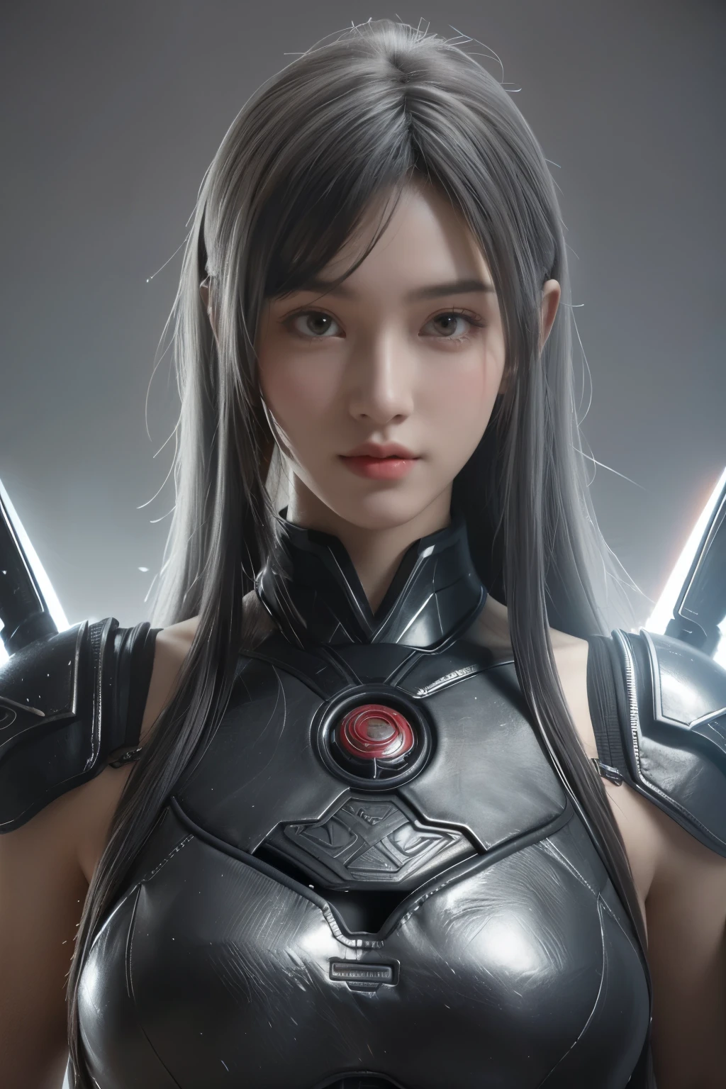 Masterpiece,Game art,The best picture quality,Highest resolution,8K,(Portrait),Unreal Engine 5 rendering works,(Digital Photography),((Portrait Feature:1.5)),
20 year old girl,Short hair details,With long bangs,(The red eye makeup is very meticulous),(With long gray hair:1.4),(Large, full breasts),Elegant and noble,Brave and charming,
(Future armor combined with the characteristics of ancient Chinese armor,Hollow design,Power Armor,The mysterious Eastern runes,A delicate dress pattern,A flash of magic),Warrior of the future,Cyberpunk figures,Background of war,
Movie lights，Ray tracing，Game CG，((3D Unreal Engine))，OC rendering reflection pattern